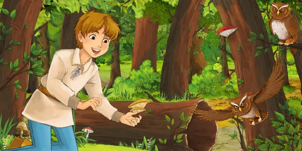 Mutlu Genç Çocuk Çocuk Prens Veya Çiftçi Ormanda Uçan Baykuş — Stok fotoğraf