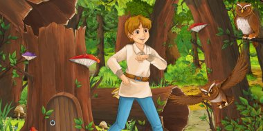 mutlu genç çocuk çocuk prens veya çiftçi ormanda uçan baykuş çifti karşılaşan karikatür sahnesi - çocuklar için illüstrasyon