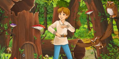 mutlu genç çocuk çocuk prens veya çiftçi ormanda uçan baykuş çifti karşılaşan karikatür sahnesi - çocuklar için illüstrasyon