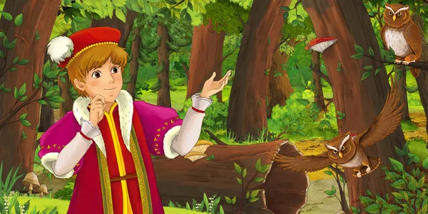 森の中で幸せな少年王子の胸を持つ漫画のシーンは フクロウのペアが飛んで遭遇 子供のためのイラスト — ストック写真