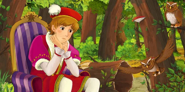 Zeichentrickszene Mit Fröhlichem Prinzenjungen Wald Der Einem Eulenpaar Begegnet Illustration — Stockfoto
