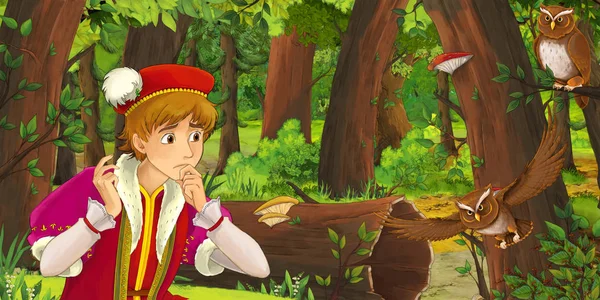 Cartoon Scene Happy Young Boy Prince Chest Forest Encountering Pair — Stock Photo, Image