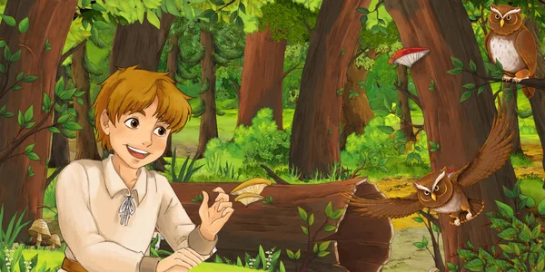 Kreslená Scéna Šťastným Mladým Chlapským Princem Nebo Farmářem Lese Kde — Stock fotografie