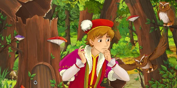 Escena Dibujos Animados Con Pecho Del Joven Príncipe Feliz Bosque — Foto de Stock