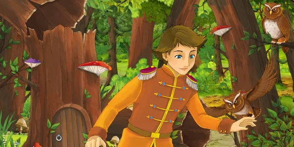 森の中で幸せな少年王子の胸を持つ漫画のシーンは フクロウのペアが飛んで遭遇 子供のためのイラスト — ストック写真