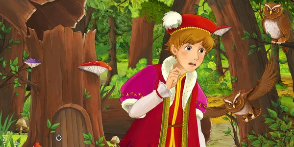 卡通场景与快乐的小男孩王子胸部在森林遇到一对猫头鹰飞 插图为儿童 — 图库照片