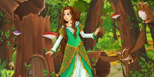 Cartoon Szene Mit Glücklichen Jungen Mädchen Prinzessin Wald Begegnet Paar — Stockfoto