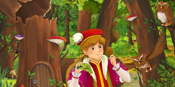 Kreslená Scéna Šťastným Mladým Chlapským Princem Lese Kde Setkávají Dvojice — Stock fotografie