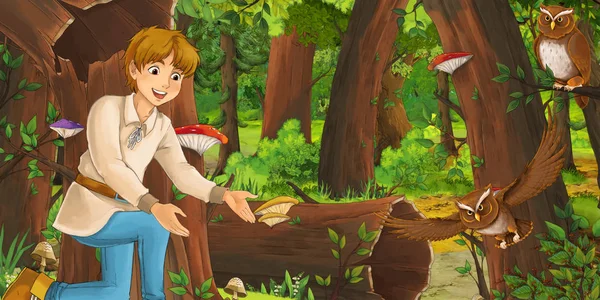 Escena Dibujos Animados Con Niño Niño Feliz Príncipe Granjero Bosque — Foto de Stock