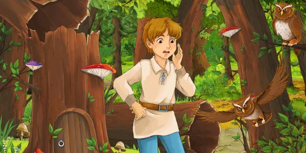 卡通场景与快乐的小男孩孩子王子或农民在森林中遇到一对猫头鹰飞 插图为儿童 — 图库照片