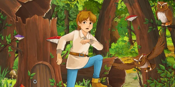 Escena Dibujos Animados Con Niño Niño Feliz Príncipe Granjero Bosque —  Fotos de Stock