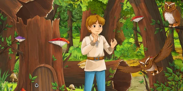 Cena Dos Desenhos Animados Com Menino Feliz Príncipe Criança Agricultor — Fotografia de Stock