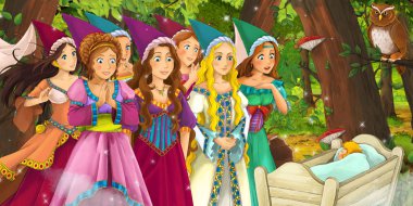 mutlu genç kız ve erkek prens ve prenses ile karikatür sahnesi 