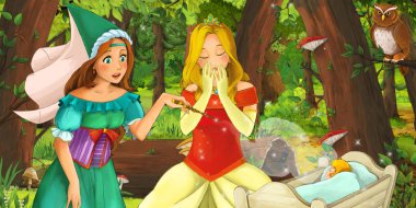 mutlu genç kız ve erkek prens ve prenses ile karikatür sahnesi 