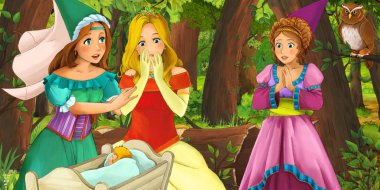 mutlu genç kız ve erkek prens ve prenses ile karikatür sahnesi 