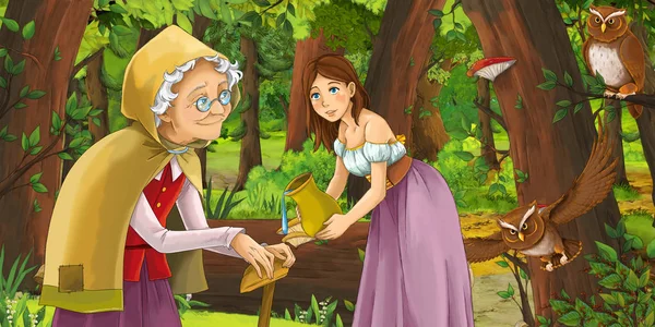 Scène de dessin animé avec une jeune fille heureuse princesse et sorcière sorcière dans la forêt rencontrant une paire de hiboux volant illustration pour enfants — Photo