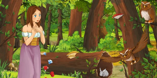 Escena de dibujos animados con la mujer feliz en el bosque encuentro par de búhos - ilustración para los niños — Foto de Stock