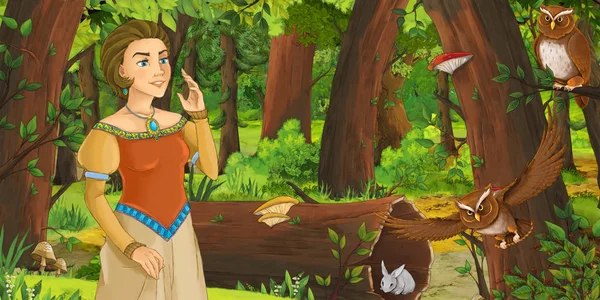 Adegan kartun dengan putri muda yang bahagia di hutan menghadapi sepasang burung hantu terbang ilustrasi untuk anak-anak — Stok Foto