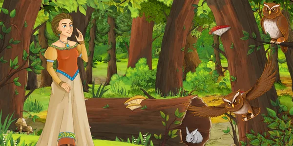Cartoon-Szene mit glücklichen jungen Mädchen Prinzessin im Wald begegnet Paar Eulen fliegen - Illustration für Kinder — Stockfoto