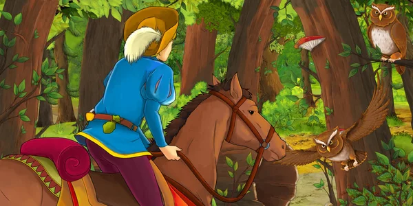 フクロウのペアに遭遇する森の中で馬に乗って幸せな若い男の子の王子と漫画のシーン - 子供のためのイラスト — ストック写真