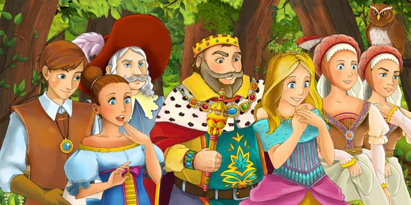 卡通场景与快乐的年轻女孩和男孩王子和公主和皇家人群在森林中遇到一对猫头鹰飞 - 插图为儿童 — 图库照片