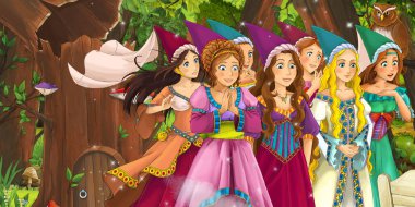 mutlu genç kız prensesler ormanda uçan baykuş çifti karşılaşan kraliyet kalabalık ile karikatür sahnesi - çocuklar için illüstrasyon