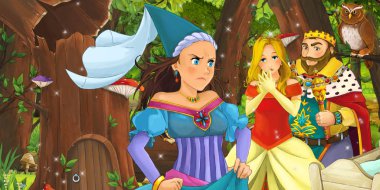 mutlu genç kız ve erkek prens ve prenses ormanda uçan baykuş çifti karşılaşan karikatür sahnesi - çocuklar için illüstrasyon