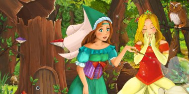 mutlu genç kız ve erkek prens ve prenses ormanda uçan baykuş çifti karşılaşan karikatür sahnesi - çocuklar için illüstrasyon