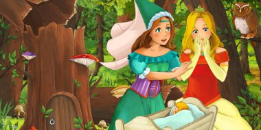 mutlu genç kız ve erkek prens ve prenses ormanda uçan baykuş çifti karşılaşan karikatür sahnesi - çocuklar için illüstrasyon