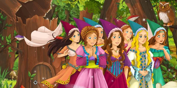 Escena de dibujos animados con niñas felices princesas muchedumbre real en el bosque encuentro par de búhos volando - ilustración para los niños — Foto de Stock