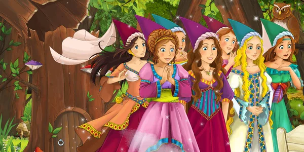 Escena de dibujos animados con niñas felices princesas muchedumbre real en el bosque encuentro par de búhos volando - ilustración para los niños —  Fotos de Stock