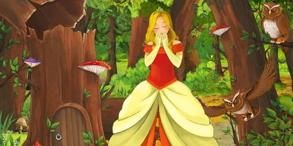 Tecknad scen med lycklig ung flicka och pojke prins och prinsessa i skogen möter par ugglor flygande-illustration för barn — Stockfoto