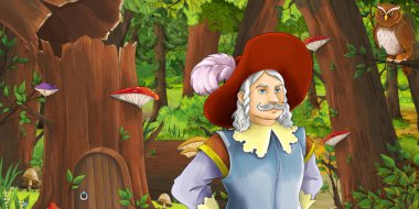 ormanda mutlu genç çocuk Prens ile karikatür sahne baykuşlar uçan çifti karşılaşma-çocuklar için illüstrasyon