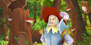 ormanda mutlu genç çocuk Prens ile karikatür sahne baykuşlar uçan çifti karşılaşma-çocuklar için illüstrasyon