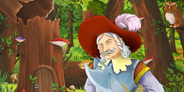 ormanda mutlu genç çocuk Prens ile karikatür sahne baykuşlar uçan çifti karşılaşma-çocuklar için illüstrasyon