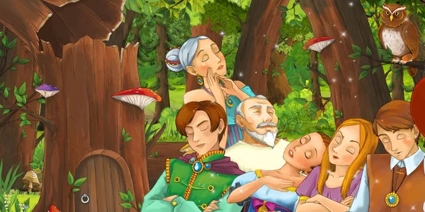 Cartoonszene mit fröhlichem jungen Mädchen und Jungen Prinz und Prinzessin und königlicher Menschenmenge im Wald, die Eulenpaar begegnen, das fliegt - Illustration für Kinder — Stockfoto