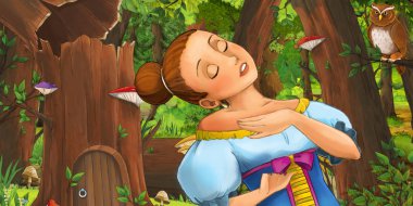 ormanda uçan baykuş çifti karşılaşan mutlu genç kız prenses ile karikatür sahnesi - çocuklar için illüstrasyon