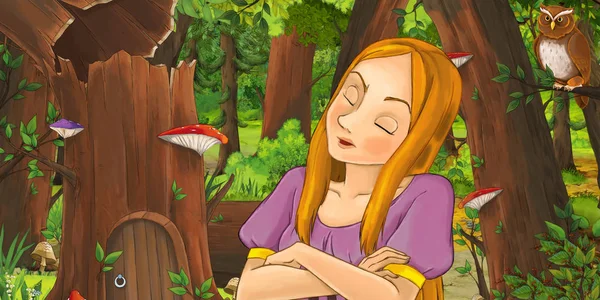 Scena del cartone animato con felice ragazza principessa nella foresta incontrando coppia di gufi volare - illustrazione per bambini — Foto Stock