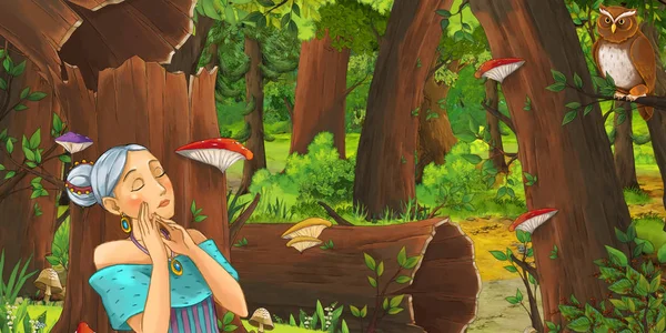 Cartoon scene with happy young girl princess in the forest encountering pair of owls flying - illustration for children — Stock Photo, Image