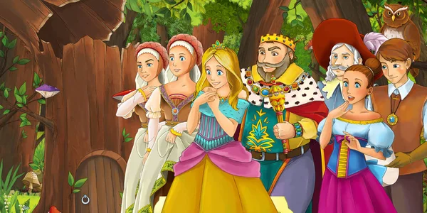 행복한 어린 소녀와 소년 왕자와 공주와 올빼미 비행의 쌍을 만나는 숲에서 왕실 군중과 만화 장면 - 어린이를위한 그림 — 스톡 사진