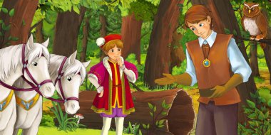 ormanda mutlu genç çocuk Prens ile karikatür sahne baykuşlar uçan çifti karşılaşma-çocuklar için illüstrasyon