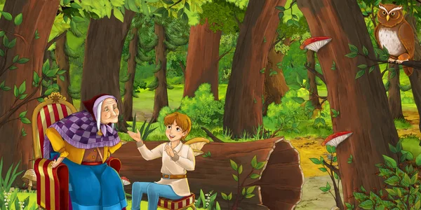 森の中で女性の祖母と孫と一緒にフクロウのペアが飛んでいく漫画シーン - 子供のためのイラスト — ストック写真