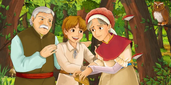 Cartoon Scene Older Man Farmer Woman Wife Son Forest Encountering — Stock Photo, Image