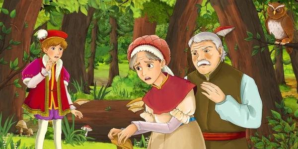 Zeichentrickszene Mit Älterem Mann Frau Und Sohn Wald Zwei Eulen — Stockfoto