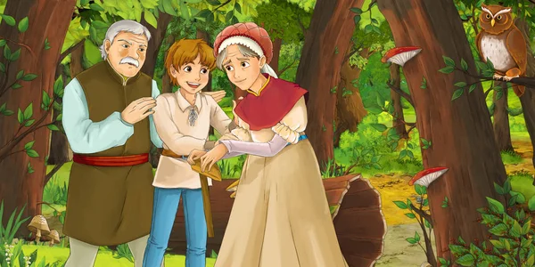 Cartoon Scene Older Man Farmer Woman Wife Son Forest Encountering — Stock Photo, Image