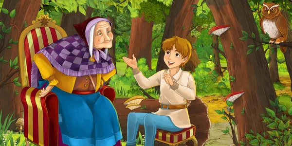 Cartoon scene with woman grandmother and grandson in the forest encountering pair of owls flying - illustration for children — Stock Photo, Image