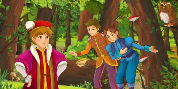 Scena del cartone animato con felice giovane principe ragazzo nella foresta incontrando coppia di gufi in volo - illustrazione per bambini — Foto Stock