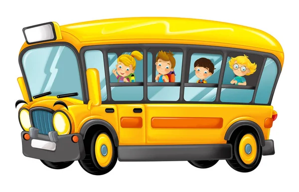Divertido autobús amarillo de dibujos animados con las pupilas sobre fondo blanco - ilustración para los niños —  Fotos de Stock