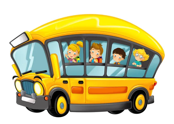 Zabawny wyglądający animowany żółty autobus z uczniami na białym tle-ilustracja dla dzieci — Zdjęcie stockowe