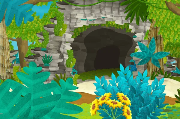 Cartoon background with cave in the jungle - illustration for children